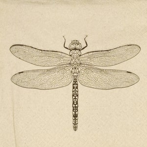 P357# 3 pezzi di tovaglioli di carta riciclata singoli per decoupage, fazzoletti artigianali, libellula dall'aspetto naturale su sfondo marrone kraft