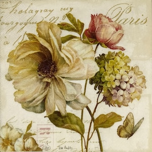 Q552# 3 peças de guardanapos de papel individuais para decoupage, tecido artesanal, buquê de flores de hortênsia de rosa anêmona vintage em fundo de script