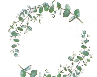 S773# 3 Pieces Of SMALL Single Paper Napkins for Decoupage, Craft Tissue Cocktail Size,  Green Eucalyptus Leaf Twig Wreath