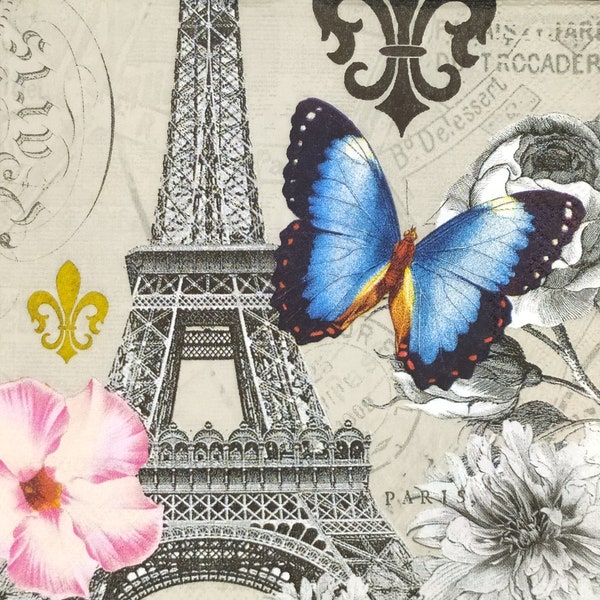 P200# 3 serviettes en papier pour découpage, papier de soie artisanal, fleurs pastel, tour Eiffel de Paris, papillon bleu et inscription sur fond gris