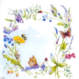 R186# 3 pezzi di tovaglioli di carta singoli per decoupage, veli artigianali primavera blu non ti scordar di me fiori gialli ghirlanda con farfalle e api