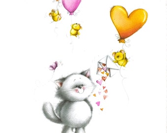 P296# 3 Stück einzelne Papierservietten für Decoupage, Basteltaschentücher, bemalte Katze Kätzchen mit Mäusen, Herzform Ballons und Buchstaben