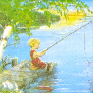 S302# 3 pezzi di tovaglioli di carta singoli PICCOLI per decoupage, formato cocktail, fazzoletti artigianali, bambina e ragazzo che pescano sul ponte in una giornata estiva
