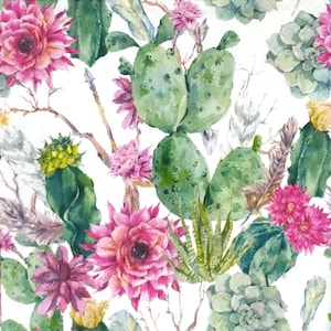 P291 # 3 serviettes en papier pour découpage, papier peint artisanal, fleur de cactus rose motif plantes succulentes vertes