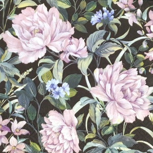 P365 # 3 Stück Papierservietten einzeln für Decoupage, Bastelgewebe, bemalt mit rosa Pfingstrosen-Blumen-Muster auf schwarzem Hintergrund