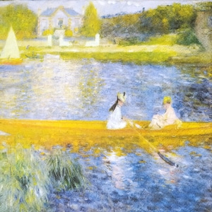 P161 # 3 Stück Einzelpapierservietten für Decoupage, Bastelgewebe, Gemälde Pierre-Auguste Renoir Die Skiff See mit Boot und zwei Frauen