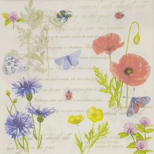 P042# 3 pezzi di tovaglioli di carta singoli per decoupage, carta velina, colori pastello papavero, fiordaliso e altri fiori con scritta su beige
