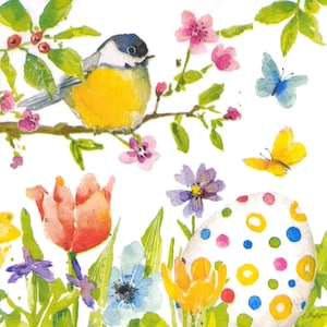 P126# 3 piezas de servilletas de papel individuales para decoupage, pañuelos artesanales, pájaro carbonero en una rama y flores de primavera con un gran huevo de Pascua de colores