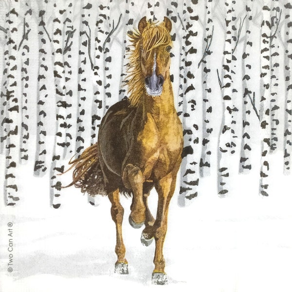 P462# 3 Pieces Of Single Paper Napkins for Decoupage, Craft Tissue, Brown Horse In Winter Birch Wood