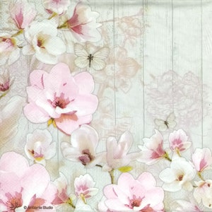 P061 # 3 Stück Papierservietten einzeln für Decoupage, Bastelgewebe, Pastell Rosa Blumen Magnolienblüten Zweige auf Grauem Hintergrund