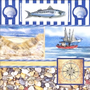 P418 # 3 Stück Papierservietten einzeln für Decoupage, Basteltücher, Meer Mini Bilder mit Schiff, Muschel, Fisch, Steine, Windrose