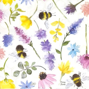 T236 n° 3 serviettes en papier pour découpage, papier de soie artisanal, motif fleurs violet rose jaune avec bourdons
