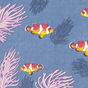 P077# 3 pedaços de guardanapos de papel individuais para decoupage, tecido artesanal, peixe-palhaço vermelho azul do mar e padrão de coral rosa