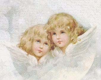 P368# 3 pezzi di tovaglioli di carta singoli per decoupage, fazzoletti artigianali, due angeli pastello su sfondo beige