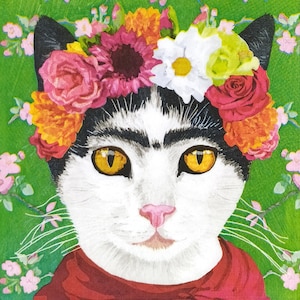 P080# 3 pezzi di tovaglioli di carta singoli per decoupage, tessuto artigianale protetto da copyright, ritratto di Lady Cat Frida, corona di fiori dipinta su verde