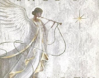 S581# 3 Pieces Of SMALL Single Paper Napkins for Decoupage Cocktail Size, Craft Tissue, Pastel Painted Peace Angel With Pipe And Star