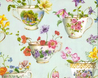 P119# 3 Pieces Of Single Paper Napkins for Decoupage, Craft Tissue,  Cup Of Tea & Flowers on Sky Blue Background Painting