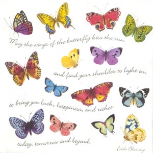 P044# 3 pezzi di tovaglioli di carta singoli per decoupage, fazzoletti artigianali, farfalle colorate su sfondo bianco con scritta di benedizione irlandese