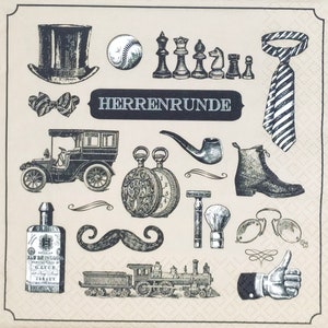 N971 # 3 Stück einzelne Papierservietten für Decoupage, Bastelgewebe, schwarz-braunes Mann-Symbol-Muster - Schnurrbärte, Pfeife, Zylinderhut, Autoschuh