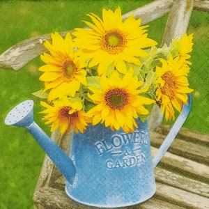 S610# 3 Pieces Of SMALL Single Paper Napkins for Decoupage Cocktail Size, Craft Tissue, Yellow Sunflower Flowers In Blue Watering Can
