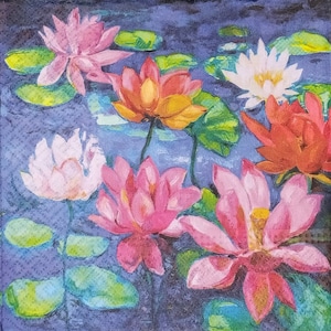 T401# 3 piezas de servilletas de papel individuales para decoupage, papel tisú artesanal, patrón de estanque de nenúfares con pintura rosa y azul