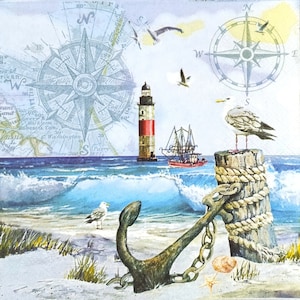 N966# 3 pezzi di tovaglioli di carta singoli per decoupage, fazzoletti artigianali, gabbiano in riva al mare con faro e ancora