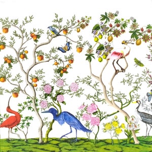 N955 # 3 Stück einzelne Papierservietten für Decoupage, Bastelgewebe, chinesischer Obstgarten mit exotischen Vögeln auf weiß