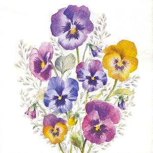Z056# 3 pezzi di PICCOLI tovaglioli di carta singoli per decoupage formato cocktail, tessuto artigianale, fiori viola gialli rosa primavera viola del pensiero cespuglio