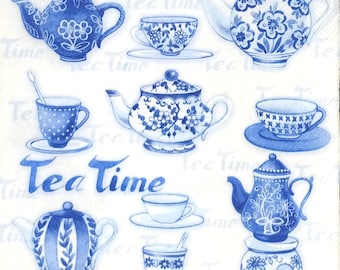 N879# 3 Pieces Of Single Paper Napkins for Decoupage, Craft Tissue, Blue White Cup Of Tea & Teapot on White Background, Tea Time Inscription