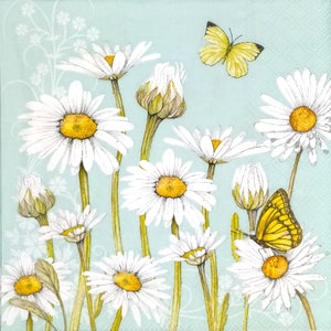 P415# 3 stuks enkele papieren servetten voor decoupage, knutselpapier, witte kamille madeliefjebloemen weide met vlinders op hemelsblauw