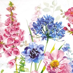 P519 # 3 Stück Papierservietten einzeln für Decoupage, Basteltücher, Pink Blaue Blumen Agaphantus Fingerhut Wildblumen Wiese
