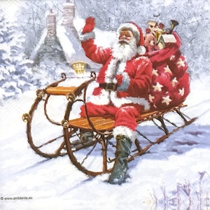 S307# 3 Pieces Of SMALL Single Paper Napkins for Decoupage, Craft Tissue Cocktail Size, Christmas Santa Claus On Sledge With Gift Bag