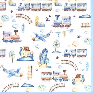 P224 # 3 Stück einzelne Papierservietten für Decoupage, Bastelgewebe, blau braun Baby Jungen Spielzeug Muster - Zug, Eisenbahn, Flugzeug, Haus, Baum