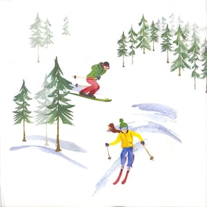S813# 3 pezzi di tovaglioli di carta singoli PICCOLI per decoupage, formato cocktail in carta velina, paesaggio montano invernale con sciatori