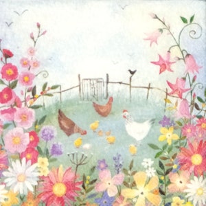 S314# 3 pezzi di PICCOLI tovaglioli di carta singoli per decoupage, formato cocktail di fazzoletti artigianali, galline e polli nel cortile tra i fiori primaverili
