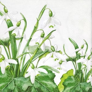 P185 # 3 Stück Servietten einzeln für Decoupage, Bastelgewebe, Frühling Schneeglöckchen Blumen Auf Weißem Hintergrund