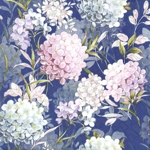 P205# 3 serviettes en papier pour découpage, papier peint artisanal, fleurs d'hortensia roses blanches sur fond bleu
