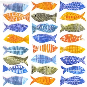 S767# 3 pezzi di tovaglioli di carta singoli PICCOLI per decoupage, formato cocktail in carta velina, motivo a pesce dipinto su carta blu-arancione salvia su bianco