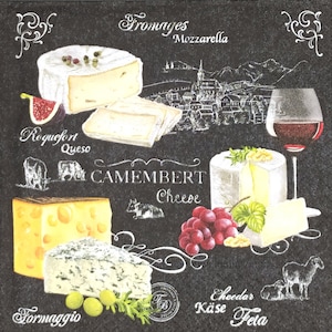 P233# 3 pezzi di tovaglioli di carta singoli per decoupage, collage di natura morta con calici da vino in tessuto artigianale con diversi tipi di formaggio e uva