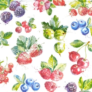 P255 n° 3 serviettes en papier pour découpage, papier de soie artisanal, motif rouge bleu fraise bleuet, framboise, groseille à maquereau