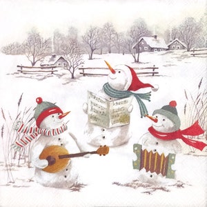 S815# 3 pezzi di PICCOLI tovaglioli di carta singoli per decoupage, veli artigianali formato cocktail, pupazzi di neve invernali di Natale con cappelli che suonano musica