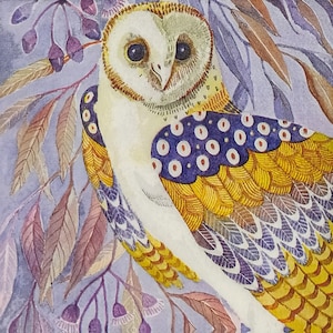 Z016# 3 pezzi di PICCOLI tovaglioli di carta singoli per decoupage, veli artigianali formato cocktail, gufo dipinto di viola e giallo con ornamenti