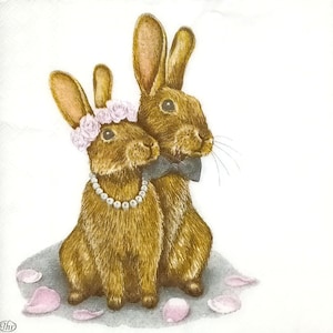 S348# 3 pezzi di PICCOLI tovaglioli di carta singoli per decoupage, tessuto artigianale formato cocktail, due simpatici coniglietti da matrimonio su bianco