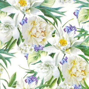 P332 # 3 Stück einzelne Papierservietten für Decoupage, Bastelgewebe, weiße Blumen Gardenie Magnolie Lilienblüten
