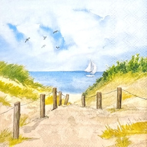Z081# 3 pezzi di tovaglioli di carta singoli PICCOLI per decoupage, carta velina, barca in mare e riva con sentiero tra dune e riva del mare