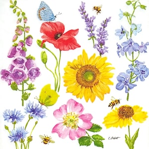 R178# 3 servilletas de papel individuales para decoupage, papel de seda artesanal, estampado de prado de flores de colores sobre fondo blanco