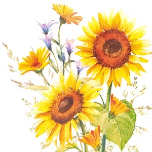 S738# 3 pezzi di tovaglioli di carta singoli PICCOLI per decoupage formato cocktail, carta velina, girasole giallo e fiori blu su bianco