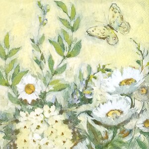 S365# 3 pezzi di tovaglioli di carta singoli PICCOLI per decoupage, formato cocktail in tessuto artigianale, fiori bianchi, prato, farfalle, verde e giallo