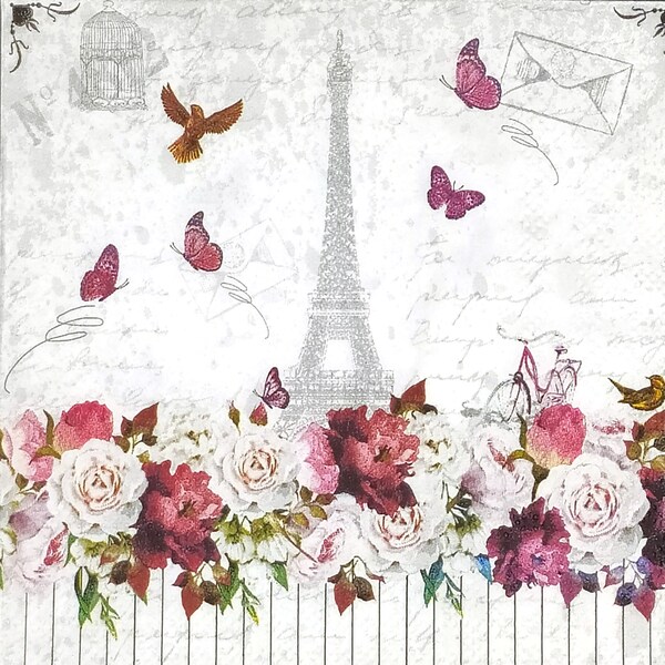 S656 # 3 petites serviettes en papier pour découpage, papier de soie artisanal format cocktail, guirlande de fleurs rouge blanc avec tour Eiffel à Paris