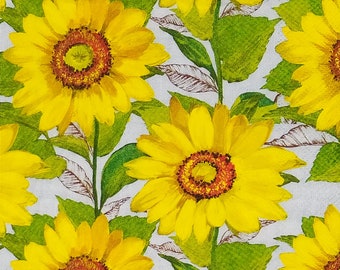 S675# 3 Pieces Of SMALL Single Paper Napkins for Decoupage, Craft Tissue Cocktail Size, Yellow Sunflower Flower Pattern On Light Blue